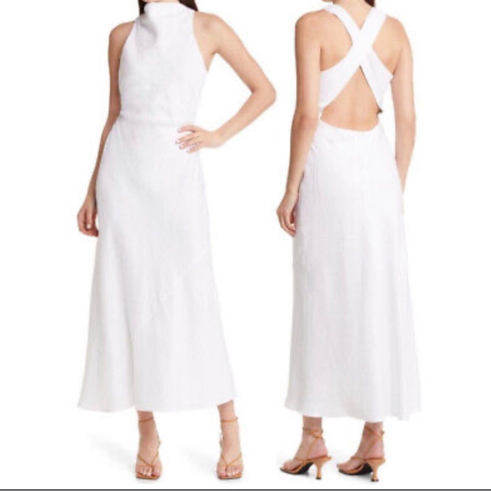 Reformation Casette, midi dressElegant White Sleeveless Dress, linen, cross back